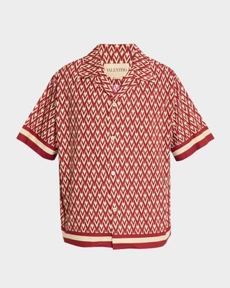 Valentino Garavani Mens Cotton Poplin Toute La V Camp Shirt