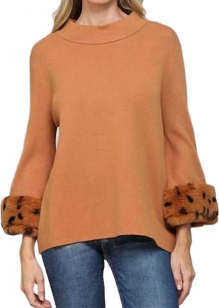 Fate Mock Neck Faux Fur Cuffs Sweater In Camel