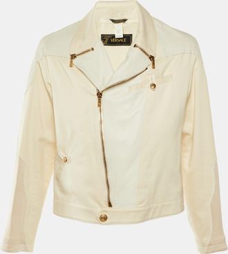 Versace Vintage Cream Leather & Cotton Zip Up Jacket