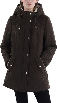 Shelli Segal Laundry By Shelli Segal Womens 3/4 Quilted Faux Shearling Jacket with Hood, Rich Taupe, XL