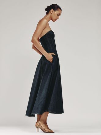 Reiss Womens Navy Blue Cotton Strapless Structured Denim Midi Dress, Size: 14