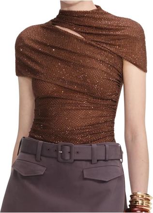 Self Portrait Rhinestone Mesh Cut Out Top - Dames - Blouses - Bruin - XS - Polyester - Overhemden