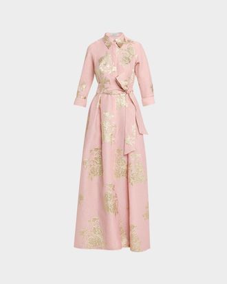 Teri Jon Metallic Floral Jacquard Shirt Gown
