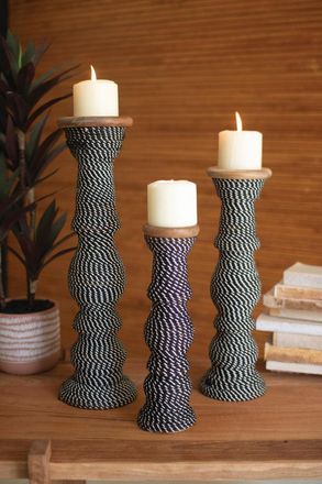 Kalalou Set 3 Wooden Candle Holders With Black & White String
