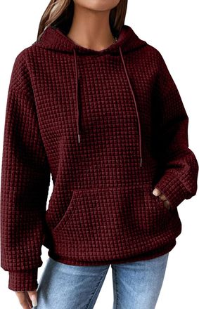Generic Hoodies for Women UK Waffle Solid Color Fall Oversized Waffle Hoodie Lightweight Long Sleeve Sweathirts Autumn Winter Back to School Pullover Tops Blo