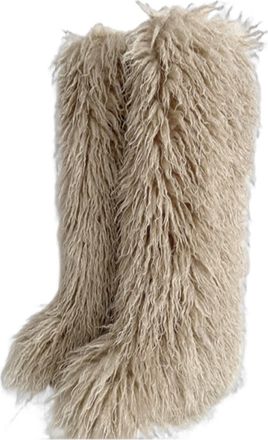 Generic Fluffy Thigh High Boots, 28in Over The Knee Fluffy Boots For Women, Black Thigh High Fur Shoes, Tall Furry Shoes (10.5,Light Khaki)