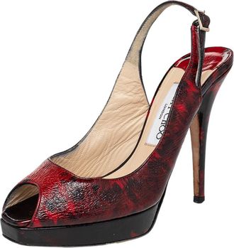 Jimmy Choo London Red/black Patent Leather Clue Peep Toe Slingback Sandals