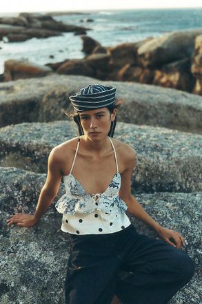 En Saison Cyrus V-Neck Open-Back Peplum Top