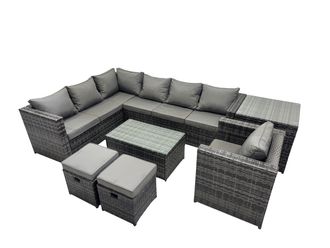 Fimous Outdoor Rattan Garden Furniture Set with Side Table 2 Small Stools in Dark Grey