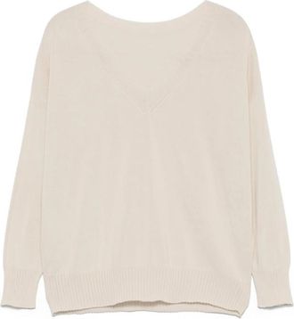 Le Tricot Perugia Beige Katoenen Trui met Ribdetails - Dames - V-hals truien - Beige - XL - Katoen - Truien & Vesten