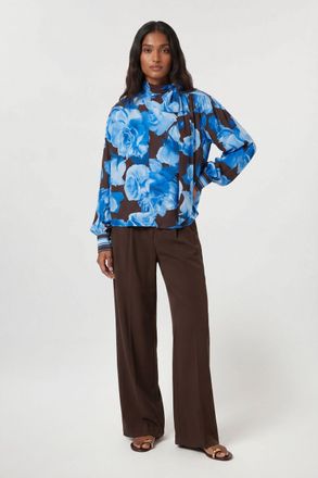 Karen Millen Womens Viscose Woven Stripe Contrast Blue Floral Blouse - Size 14 UK