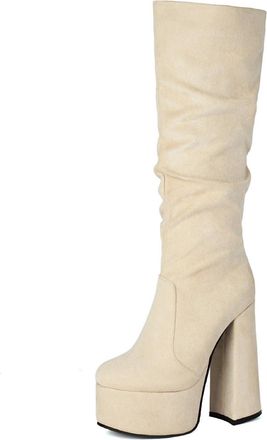 Generic Womens Knee-High Platform Boots, 14.5Cm Block Heel Suede High Shaft Boots with Pleated Look And Round Toe Large Size Autumn Winter Dress Boots for Out