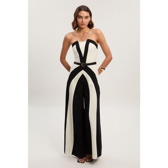 Karen Millen Colour Block Bandeau Jumpsuit in Mono at Nordstrom, Size 10
