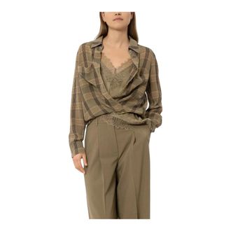 Luisa Cerano Geweven textuur geruite blouse - Dames - Blouses & Shirts - Groen - Maat: M Katoen