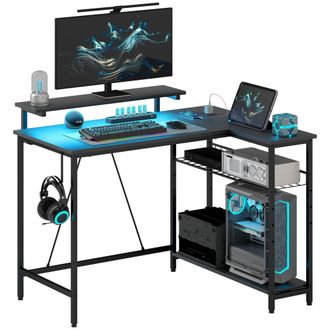 HOMCOM Scrivania Gaming A L Reversibile Con Led, Prese Usb E Ripiani Nero - Homcom
