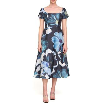 Kay Unger Emma Floral Cap Sleeve Cocktail Midi Dress in Flint/Teal at Nordstrom Rack, Size 2