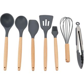 Gibson Home Holton 7 Piece Silicone Beech Wood Kitchen Tool Set in Gray at Nordstrom