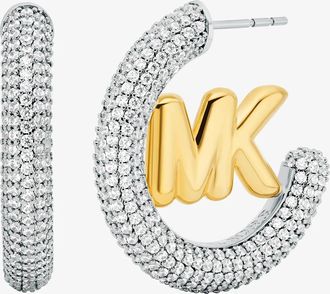 Michael Kors Large Pav&eacute; Logo Charm Two-Tone Hoop Earrings