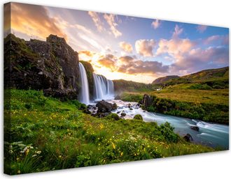 Feeby Cuadro En Lienzo, Vista Pradera Cascada Naturaleza, 120x60