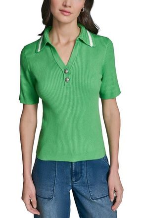 Karl Lagerfeld Crochet Collar Rib Polo Sweater in Garden Green/Soft White at Nordstrom, Size X-Large