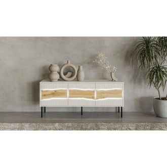 Dmora Mueble De Tv Novoli, Aparador De Sal&oacute;n Con Puertas Batientes Y Compartimentos Interiores, Con Luces Led, Elevado Del Suelo, 144x40 H62 Cm, Beige Y Nud