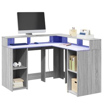 Berkfield Home Desk with LED Lights Grey Sonoma 130x130x91 cm Engineered Wood | Size: 130 x 130 x 91 cm