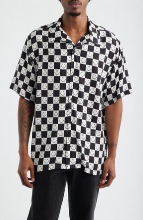 Market SMILEY Checkerboard Print Camp Shirt in Black/White at Nordstrom, Size Xx-Large