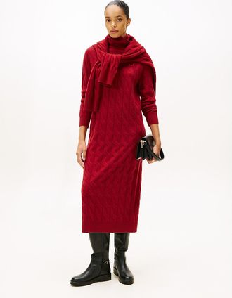Tommy Hilfiger Womens Wool Cable Knit Sweater Dress - Red - XL