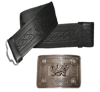 Maze Leather Kilt Belt and Buckle - Many Sizes and Designs to choose from (Size 36-42 inches, Embossed Black with Antique Welsh Dragon Buckle)