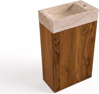 Saniclass Holz Pure Toiletmeubelset - 40x60.5cm - 1 deur - fontein travertine - kraangat rechts - walnut pure