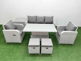Fimous PE Rattan Garden Furniture Set Reclining Chair Sofa Lounge Sofa Set Adjustable Lifting Dining or Coffee Table Side Table 2 Small Stools Light