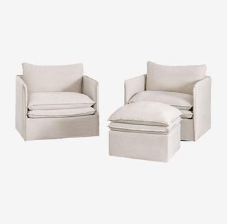 Sklum Sklum - Conjunto De Sal&oacute;n Con 2 Sillones Y Puff En Lino Y Algod&oacute;n Grace