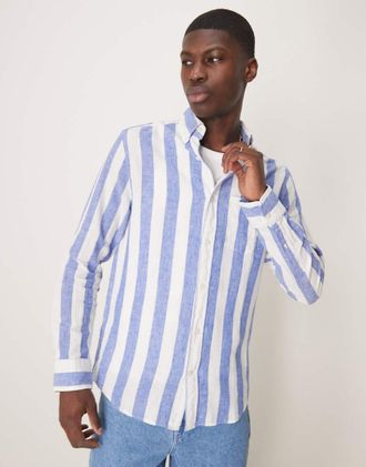 GANT Camicia in cotone e lino blu medio a righe con logo a scudo