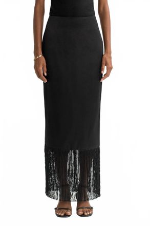 Soft Goat Full Length Fringe Skirt In Black