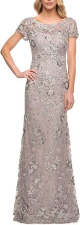 La Femme Glamorous Beaded Lace Column Dress with Short Sleeves in Lavender/gray at Nordstrom, Size 10