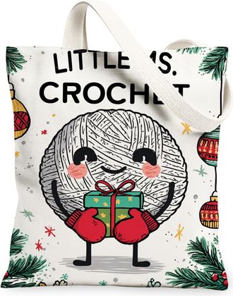 Generic Christmas Yarn Canvas Tote Bags, Cute Crochet Pattern Reusable Bags, Holiday Fanciful Nature Lightweight Washable Canvas fo, White, 13x15 Inch