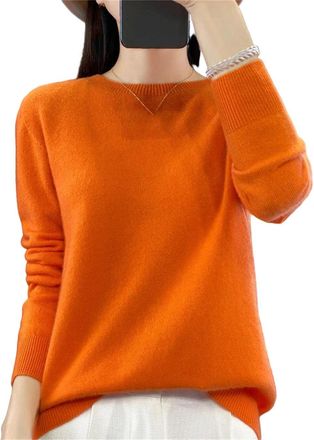 Generic Womens O-Neck Wool Sweater Solid Long Sleeve Knitted Pullover Casual Warm Jumpers Orange