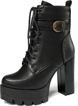 Generic Womens Lined Platform Ankle Boots, 11.5Cm Block Heel PU Leather Ankle Boots with Lacing And Buckle Straps Fashionable Autumn Winter Short Boots for Ev