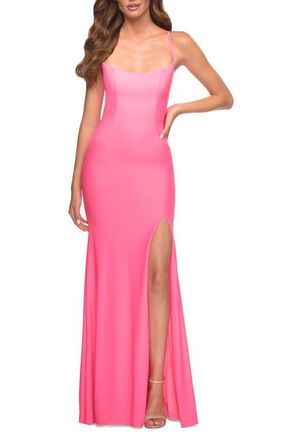 La Femme Neon Long Prom Dress in Luxurious Jersey with Slit in Light Coral at Nordstrom, Size 00