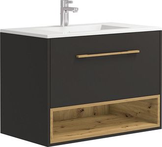 Vente-Unique Mueble de baño suspendido antracita con lavabo encastrable - 80 cm - YANGRA