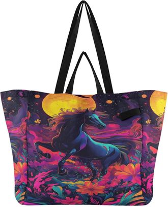 Generic Floral Horse Black print Reusable Canvas Tote Bag, Heavy Duty Grocery Shopping Bag with Hard Bottom Double Handles Large Capacity Work Groceries Trave
