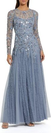 Mac Duggal Embellished Mesh Long Sleeve Ruffle hem Gown in Slate Blue at Nordstrom, Size 16