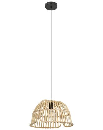 Eglo Eglo Glyneath 1 Light Pendant With Black Finish & Natural Wood Shade
