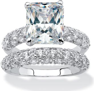 Palm Beach Jewelry 6.50 TCW Emerald-Cut Cubic Zirconia Platinum-Plated Wedding Band Set