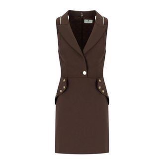 Elisabetta Franchi Mini Jurk van Dubbellaags Cr&ecirc;pe met Sierknoopjes - Dames - Korte kleedjes - Bruin - L - Polyester - Kleedjes
