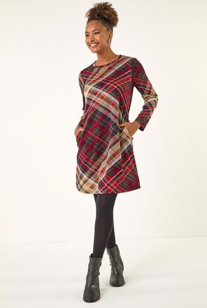 Roman Check Print Swing Pocket Dress