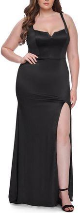 La Femme Stretch Satin Plus Size Dress with Unique Neckline and Slit in Black at Nordstrom, Size 18W