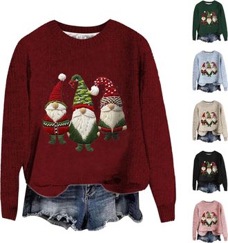 Generic Womens Christmas Sweater Funny Novelty Crew Neck Pullover Long Sleeve Christmas Tops Lightweight Ladies Xmas Knitted Sweater Winter Warm Pullover Knit