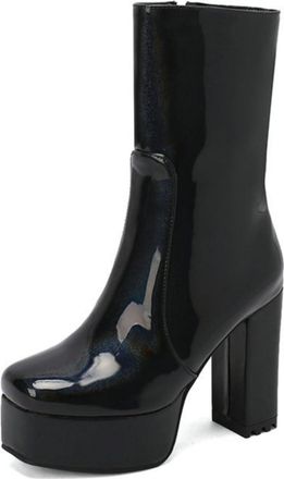 Generic Womens Chunky Heel & Platform Mid-calf Boots with Square Toe Side Zipper for Trendy Casual Wear,Black,5.5 UK