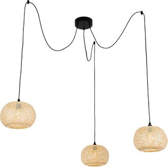 QAZQA Oriental L&aacute;mpara Colgante De Exterior Oriental De Bamb&uacute; 3 Luces Ip44 - Rafael Bamb&uacute; /acero Redonda Adecuado Para Led Max. 3 X 40 Watt - Qazqa